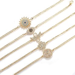 Golden Brass Micro Pave Cubic Zirconia Link Bracelets, with 304 Stainless Steel Cable Chains, Mixed Shapes, Mixed Color, Golden, 7~7-3/8 inch(17.7~18.6cm)