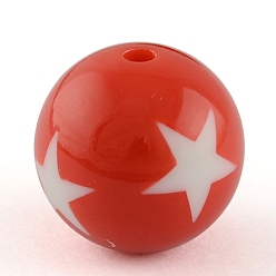 Red Opaque Acrylic Beads, Round with Star, Red, 19mm, Hole: 3mm, about 118pcs/500g