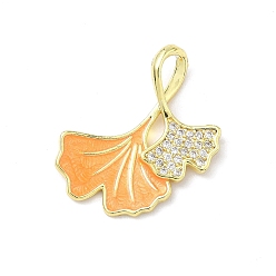 Оранжевый Латунь микропаве фианиты с подвесками из эмали, гингко лист, реальный 18 k позолоченный, оранжевые, 25x23.5x2.5 мм, отверстие : 3.3x5.8 мм