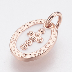 Rose Gold Brass Enamel Charms, Lead Free & Cadmium Free, Oval with Cross, Rose Gold, 12x9x2mm, Hole: 2.8mm