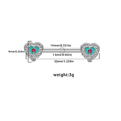Сердце 316l хирургические соски-штанги из нержавеющей стали с бирюзовой эмалью, со стразами, цвет нержавеющей стали, сердце, 14 мм, штифты : 1.6 мм, Руководитель: 9 mm