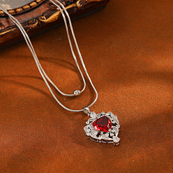 Stainless Steel Color Brass Pave Red Cubic Zirconia Heart Pendant Round Snake Chain Double Layer Necklaces for Women, Stainless Steel Color, 15.75 inch(40cm)