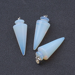 Опал Opalite подвески, с латунной фурнитурой платинового цвета, конус / шип / маятник, 43~45x16 мм, отверстие : 5x7 мм