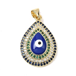 Синий Латунные микро проложить кубического циркония подвески, с эмалью, долговечный, стойки покрытие, без свинца и без кадмия, Подвески в виде слезы со злым взглядом, реальный 18 k позолоченный, синие, 24x16.5x7.5 мм, отверстие : 3.5x2 мм