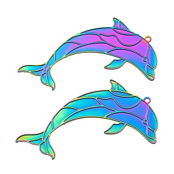 Dolphin Ионное покрытие (ip) 304 подвески с травленым металлом из нержавеющей стали, Радуга цветов, дельфин, 25x50x0.3 мм, отверстие : 1.4 мм