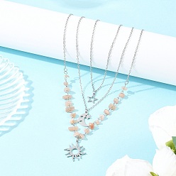 Солнечный Камень 201 подвеска из нержавеющей стали в виде солнца, луны и звезд, натуральный солнечный камень и 304 цепочка из нержавеющей стали 3 многослойные ожерелья для женщин, цвет нержавеющей стали, 14.80~18.19 дюйм (37.6~46.2 см), 3 шт / комплект