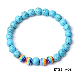 Synthetic Turquoise Synthetic Turquoise & Glass Round Beaded Stretch Bracelet, 7-1/4~7-1/2 inch(18.5~19cm)