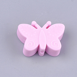 Pearl Pink Food Grade Eco-Friendly Silicone Focal Beads, Chewing Beads For Teethers, DIY Nursing Necklaces Making, Butterfly, Pearl Pink, 20.5x30x11mm, Hole: 2mm