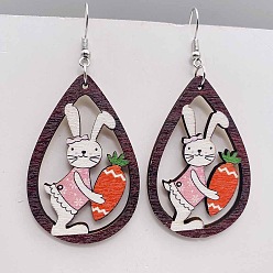 Разноцветный Пасхальные деревянные серьги-подвески, слеза с кроликом, платина, красочный, 70x38 мм