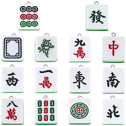 Mixed Color 14Pcs 14 Styles Resin Pendantds, Mahjong, with Platinum Iron Loop, Mixed Color, 29x21.5x6mm, Hole: 2mm, 1pc/style