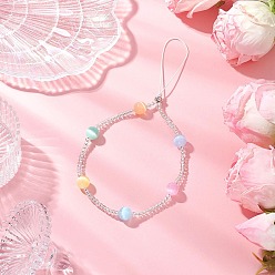 Разноцветный Цепочки для телефона с круглыми бусинами из окрашенного натурального селенита и стеклянных семян, красочный, 215 мм