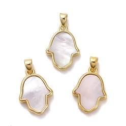 Белые Ракушки Натуральный белый оболочки подвески, с настоящими 18 к золотыми медными выводами, долговечный, хамса рука, 17x12x2.5 мм, отверстие : 4x3 мм