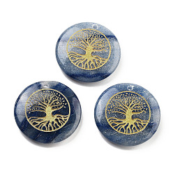 Синий Авантюрин Резные подвески из окрашенного и нагретого натурального синего авантюрина, плоская круглая с подвесками дерево жизни, 30x7 мм, отверстие : 1.8 мм