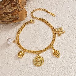 Real 18K Gold Plated 304 Stainless Steel Crystal Rhinestone and Imitation Pearl Butterfly Flower Charm 2-Strand Bracelets for Women, White, Real 18K Gold Plated, 6.69 inch(17cm)