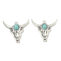 Античное Серебро Богемные синтетические бирюзовые подвески в виде коров, подвески из сплава драгоценных камней в тибетском стиле, античное серебро, 33.5x36.5x9 мм, отверстие : 3 мм
