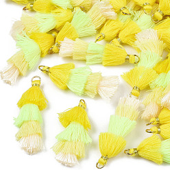 Jaune Polycoton (polyester coton) pompon en couches grandes décorations pendantes, avec les accessoires en fer, or, jaune, 48~55x12~15mm, Trou: 2.5x4.5mm