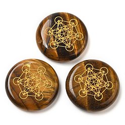 Тигровый глаз Природных тигровый глаз кабошонов, плоский круг с выгравированной золотой гексаграммой, 25~26x6~7 мм