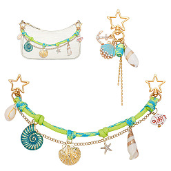 Mixed Color 2Pcs Star & Shell Shape 304 Stainless Steel Bag Extender Chains & Pendant Decorations, with Handmade Porcelain and Shell and Brass Pendant and Alloy Swivel Clasps, Mixed Color, 104~249mm