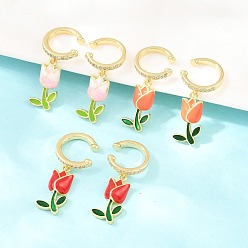 (52) Непрозрачная лаванда Серьги-манжеты из латуни с прозрачными кубическими циркониями ко Дню святого Валентина, с эмалью, цветок, без кадмия и без свинца, долговечный, стойки покрытие, реальный 18 k позолоченный, разноцветные, 21.5x14 мм