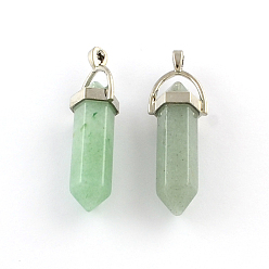 Platinum Green Aventurine Stone Pendants with Alloy Findings, Platinum, 40~42x13.5x10mm, Hole: 2mm