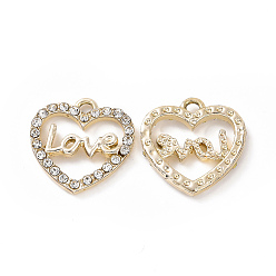 Golden Alloy Crystal Rhinestone Pendants, Heart with Word Love Charms, Golden, 16x16x2.5mm, Hole: 1.8mm