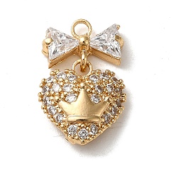 Golden Brass Micro Pave Cubic Zirconia Pendants, Nickel Free, Bowknot with Heart Charms, Golden, 16x10.5x3.5mm, Hole: 1.6mm