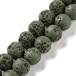 Vert Olive Foncé Brins de perles teintées en pierre de lave synthétique, ronde, vert olive foncé, 10mm, Trou: 1mm, Environ 41 pcs/chapelet, 15.20'' (38.6 cm)