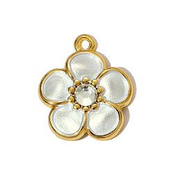 Белый 304 подвески-цветы из нержавеющей стали с эмалью, с кристально горный хрусталь, реальный 18 k позолоченный, ионное покрытие (ip), белые, 15x13 мм