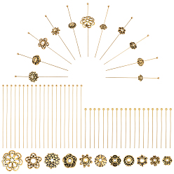 Oro Antiguo & Dorado Kits de búsqueda de fabricación de joyas de bricolaje, Incluye 192piezas de pasadores de cabeza esférica de latón y 192piezas de tapas de cuentas de aleación., oro antiguo y dorado, 30x0.5 mm