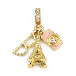 Настоящее золото 18K Подвески-шармы европейские с подвесками из латуни с покрытием из прозрачного кубического циркония и эмали, башня, очки и подвески для камеры с большим отверстием, долговечный, реальный 18 k позолоченный, 29 мм, отверстие : 4 мм