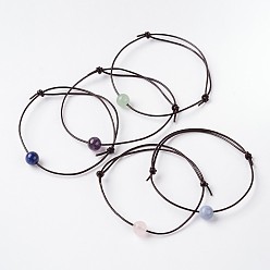 Смешанные камни Регулируемая коровьей браслеты кожаный шнур, с естественной смешанной каменных круглых бусин, 60 мм