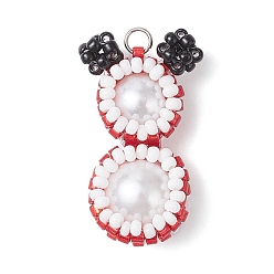 Красный Подвески-снеговики из стеклянных бусин, с 304 соединительным кольцом из нержавеющей стали и стеклянными жемчужными круглыми бусинами, красные, 28x19x10 мм, отверстие : 2.5 мм