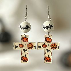 Peru Halloween-Ohrhänger mit Fledermausmotiv, Holzperlen und Acrylkreuz mit Kürbismuster für Damen, Peru, 85x31 mm