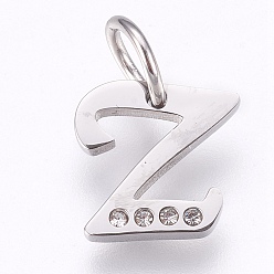 Letter Z 304 Edelstahl Anhänger, mit Strass, Buchstabe, letter.z, 11x10.5x1.5 mm, Bohrung: 4 mm