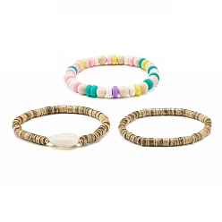 Mixed Color Coconut Beads Stretch Bracelets Set, Handmade Polymer Clay Beads Bracelets for Men Woman, Mixed Color, Inner Diameter: 2-1/8~2-1/4 inch(5.5~5.8cm), 3pcs/set