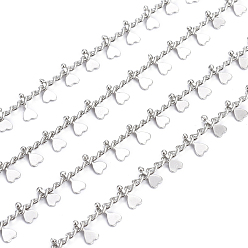 Real Platinum Plated Handmade Brass Curb Chains, with Heart Charms and Spool, Soldered, Long-Lasting Plated, Real Platinum Plated, Link: 3x2x1mm, Heart: 6x3x1.5mm, about 32.8 Feet(10m)/roll