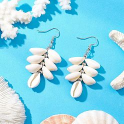 Платина 304 серьги-подвески в форме ракушки из нержавеющей стали, с натуральной ракушкой каури и латунными бусинами-разделителями, платина, 62.5~66.5x28.5~29.5 мм