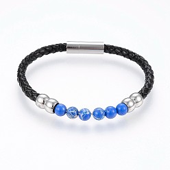 Имперская яшма Плетеные браслеты шнур кожаный, с натуральным регалитом / имперской яшмой / морской яшмой и магнитными застежками 304 из нержавеющей стали, 8-1/4 дюйм (21 см), 5~8 мм, бусина : 5.5~6.5 mm