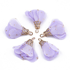 Flieder Eisen Anhänger & Charms, mit Chiffon, Blume, golden, Flieder, 23~28x20~30 mm, Bohrung: 1~3 mm