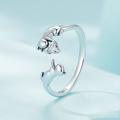 Серебро 925 стерлингового серебра кубического циркония кольца манжеты, форма кошки, регулируемый, с печатью s925, серебряные, внутренний диаметр: 16~19 мм