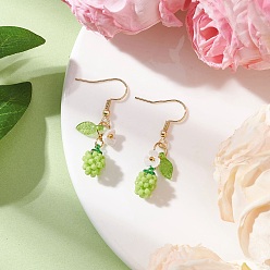 Зеленый Серьги-подвески в форме яблок из стеклянного бисера ручной работы, с акриловым листом и цветком из смолы и 304 крючками для сережек из нержавеющей стали, золотые, зелёные, 40x7.5 мм