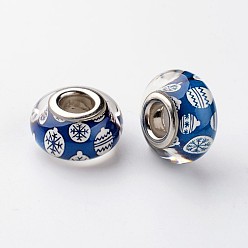 Средно-синий Большое отверстие Rondelle смолы европейские шарики, с латунными двойными ядрами, платиновый оттенок, Рождество, светло-синий, 14x8 мм, отверстие : 5 мм