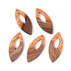 Темно-Оранжевый Подвески из непрозрачной смолы и орехового дерева, Очарование лошадиных глаз, с блестящей пудрой и золотой фольгой, темно-оранжевый, 38x15.5x3~3.5 мм, отверстие : 2 мм