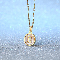 Letter E Плоские круглые ожерелья с инициалами из нержавеющей стали с натуральными белыми ракушками для женщин, золотые, цвет морской раковины, Письмо E, 18.11 дюйм (46 см)