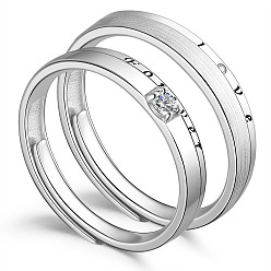 Platinum 925 Sterling Silver Adjustable Couple Rings, Promise Ring, with Grade AAA Cubic Zirconia, with Word, Platinum, Size 10, 20mm, Size 7, 17.4mm, 2pcs/set