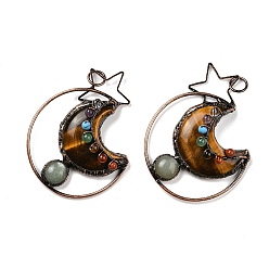 Тигровый глаз Подвески из натурального зеленого авантюрина и тигрового глаза из латуни со звездой и луной, обереги из драгоценных камней чакры, Красная медь, 65~66x49~50x14~15 мм, отверстие : 6 мм