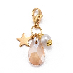 Сэнди Коричневый Кулоны из граненого стекла, со стеклянной жемчужные круглых бусин, звезда 304 подвески из нержавеющей стали и застежки в виде когтей лобстера, песчаный коричневый, 34 мм