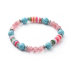 Watermelon Stone Glass Stretch Bracelets, with Cherry Quartz Glass & Synthetic Turquoise Beads, Polymer Clay Heishi Beads and Alloy Spacer Beads, 2-1/8 inch(5.4cm)