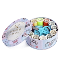 Светло-Голубой Наборы швейных инструментов, включая швейные иглы, резать ножницами, нитевдеватель, полиэфирная нить, рулетка, наперсток кольцо, подушка для игл, ящик для хранения железа, Небесно-голубой, 115x50 мм