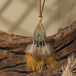 Teardrop Женские ожерелья из искусственной замши с большим кулоном из сплава и дерева в этническом стиле с сеткой и перьями, античная бронза, слезинка с бабочкой, 15.75 дюйм (40 см), Кулон : 100x35 мм